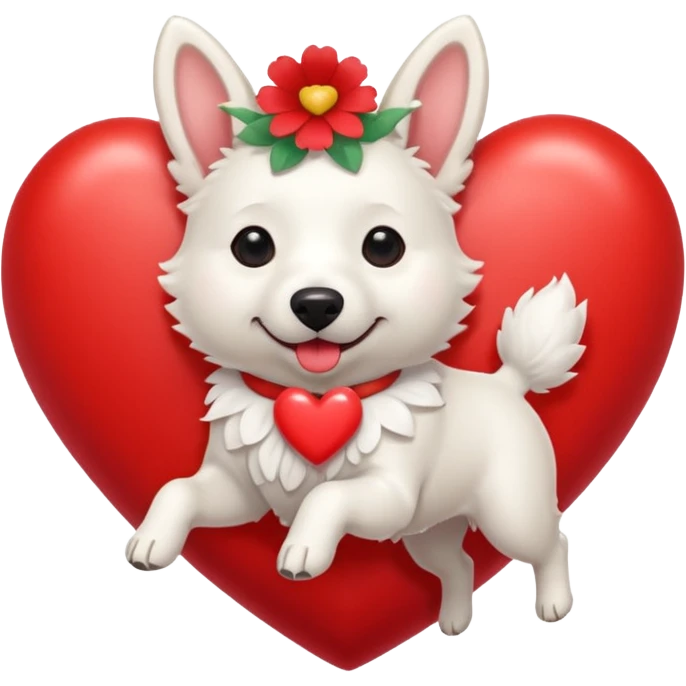 White belgian Dog with a flowerband on head is jumping on a heart emoji