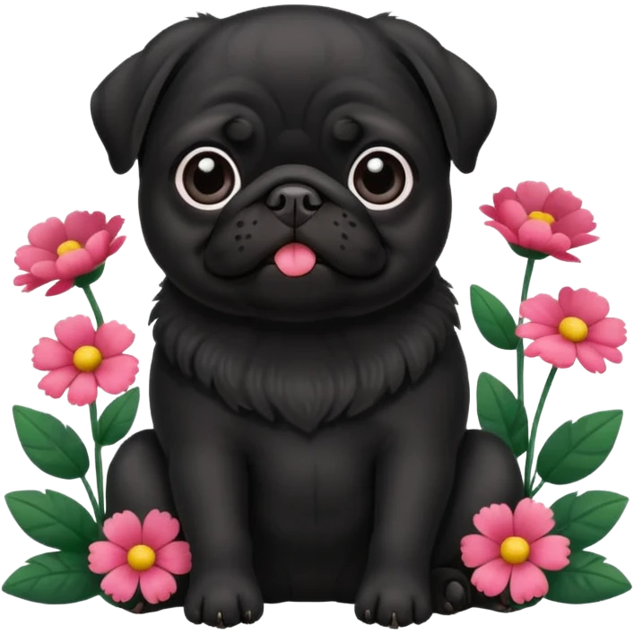 black pug sitting with flowers in the background emoji