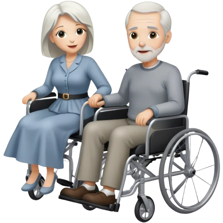 Older man pushing his wife in a wheelchair, he slightly balding with silver hair. She has long blonde hair and mini schnauzer is in her lap. emoji