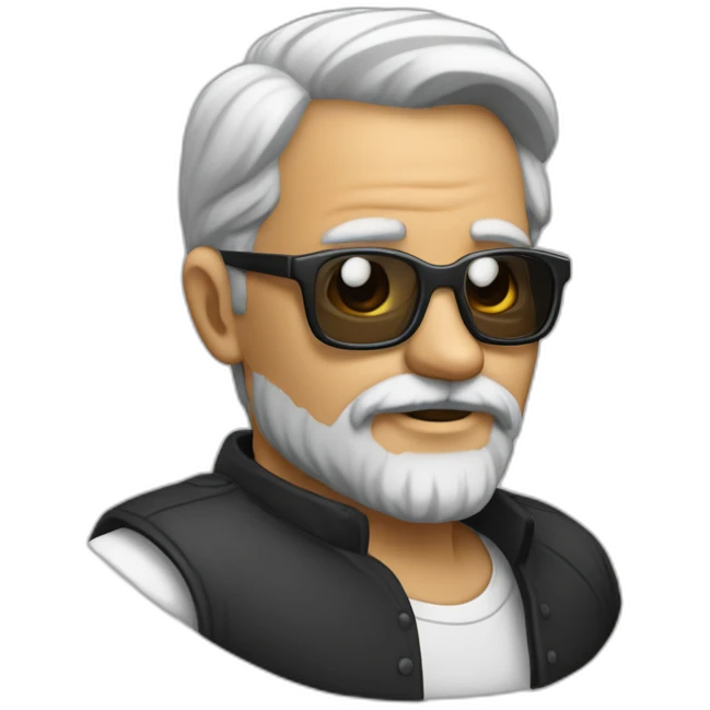 Un homme légèrement dégarni, plutôt vieux, avec de grosses lunettes noires, une chemise de papi, une barbe mal rasé emoji