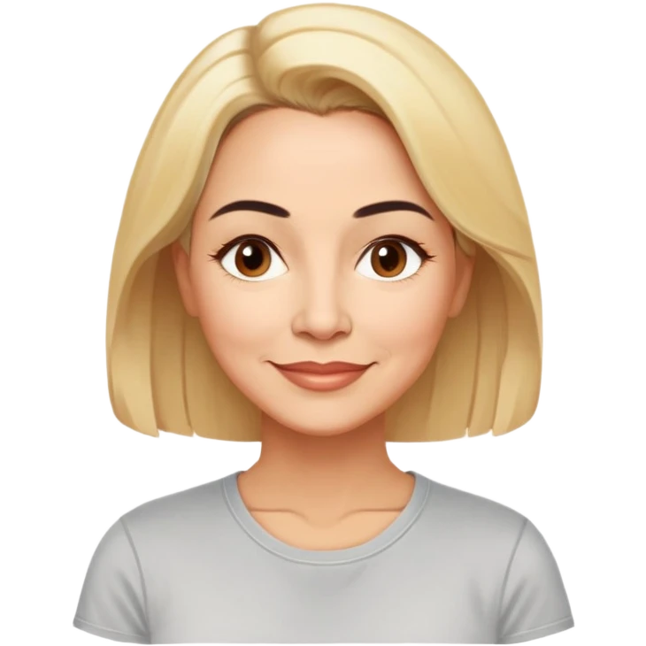 Puerto Rican actress Linette Torres in her 50s with warm light skin, sweet loving expression, gentle kind eyes, well-defined eyebrows, straight nose, warm nurturing smile, shoulder-length blonde hair, wearing a comfortable casual t-shirt emoji
