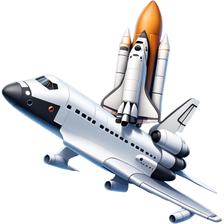 An icon featuring a space shuttle and an airplane against a starry sky, symbolizing aerospace technology. The design includes rocket boosters and satellite orbits, representing the exploration of space and advanced aviation. Transparent background emoji