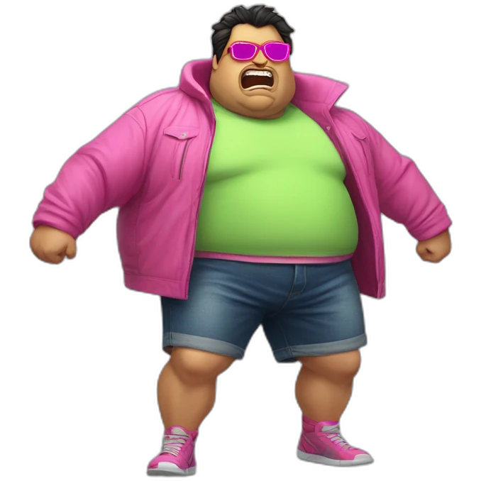 fat man with dark hair,a vibrant long yellow jacket, pink glasses, short jeans shorts. Show full lenght peson, person fighting a monster as superhero emoji
