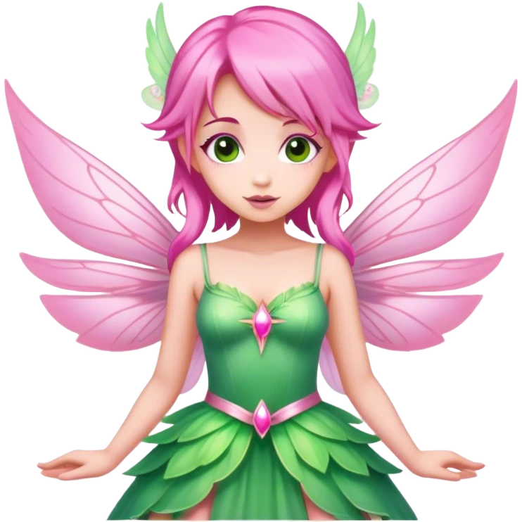 pink fairy with pink hair and pink wings in green dress magical emoji