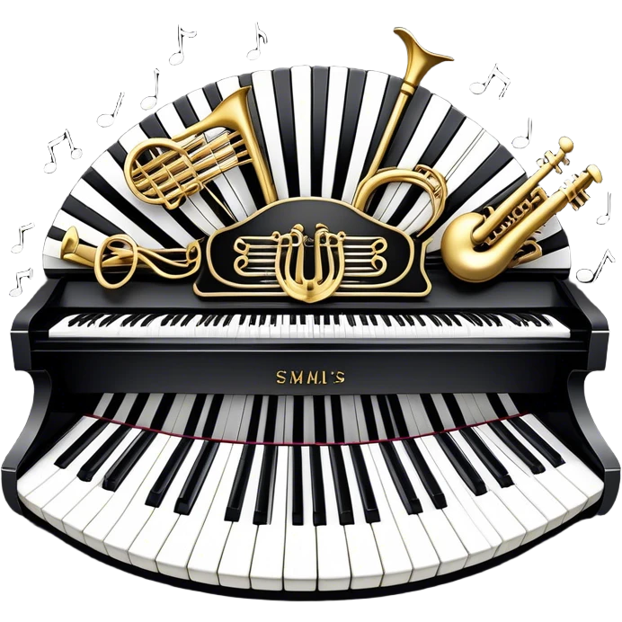Create a detailed and elegant emoji collage representing keyboard instruments in a celebratory and professional style, reminiscent of a coat of arms. The design should feature a central arrangement of black and white piano keys, forming a symmetrical, powerful image. Around the keys, include a flowing ribbon of musical notes that intertwines with the keys, creating a sense of movement and harmony. Use gold and silver accents to highlight the keys and musical notes, giving the design a festive, high-quality appearance. The design should convey professionalism, elegance, and a sense of occasion. Add subtle reflections on the piano keys to enhance the polished look. The background should be transparent. emoji