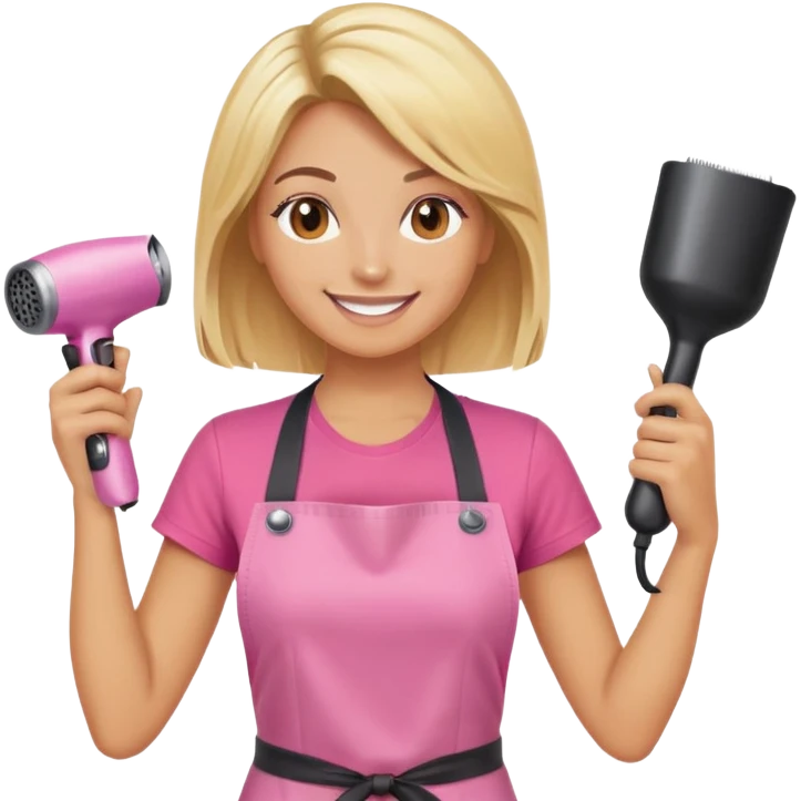blonde female hairstylist smiling, pink t-shirt, orange apron, holding scissors and hairdryer with hands raised emoji