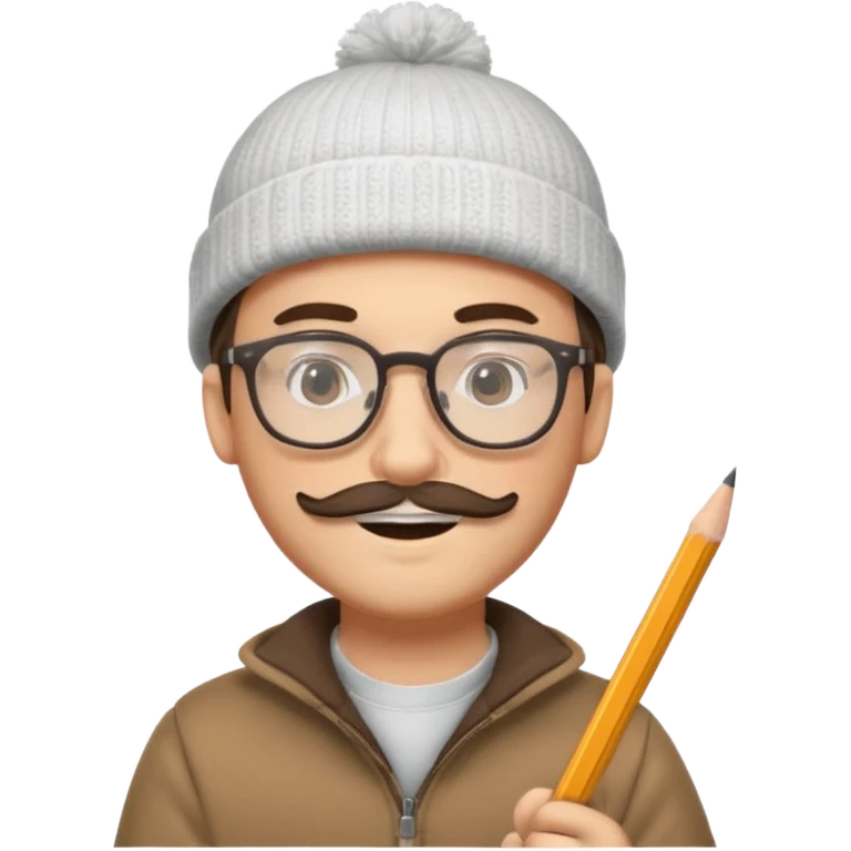 A creative young man with a pencil, glasses and a beanie. He holds a pen in his hand. He has a slight moustache and bit of a beard emoji
