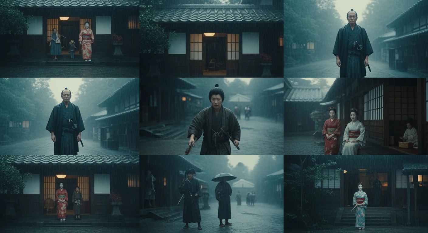 A story set in Japan in 1185, in the style of Wes Anderson, with symmetrical framing, pastel-toned rain, and cinematic depth of field, captured as if by an Arri Alexa. Each scene is a wide shot with motion blur, a rainy atmosphere, and tense mood, visually connecting all slides. emoji
