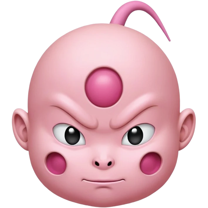 Majin Buu from Dragon Ball Z, pink round body with holes, antenna on head, childlike face emoji