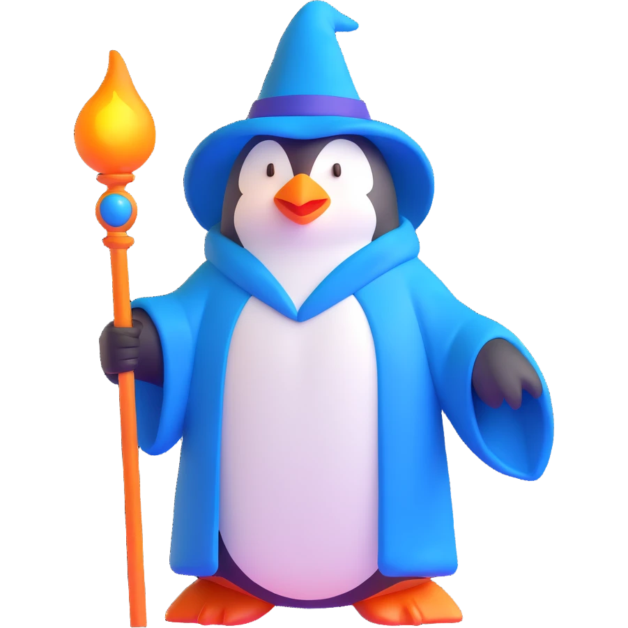 penguin wizard with a glowing staff and blue robe emoji