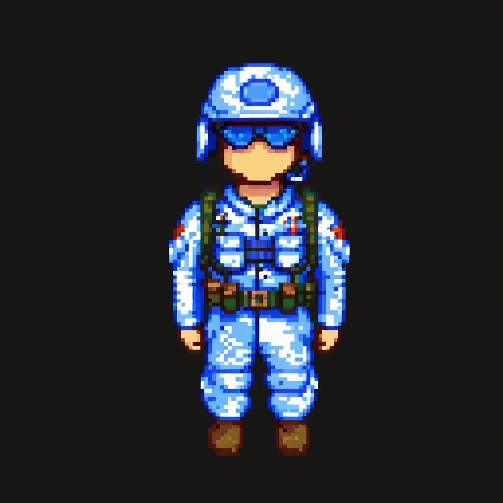 roblox military man, blocky figure, blue camo, helmet with goggles, standing at attention, simple background emoji