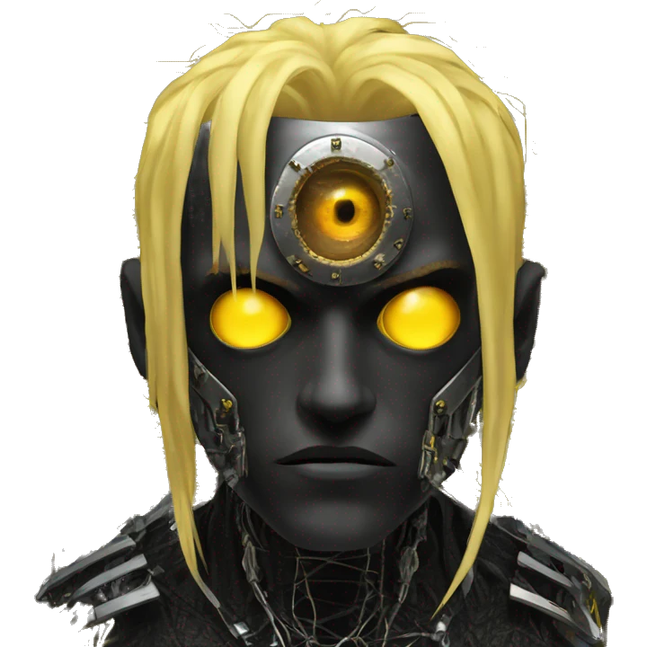black metal male cyborg head with artificial eyeball, circuitry and dreaded yellow gold hair emoji