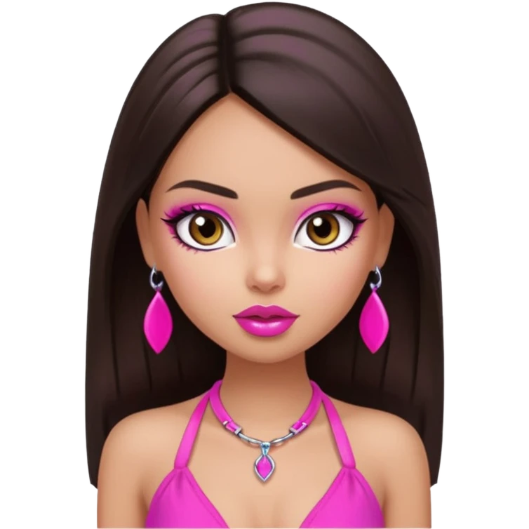 generate a pretty fair bratz girl with dark brown eyes, dark brown hair straight long. Wearing a hot pink halter neck top.  pink lipgloss emoji