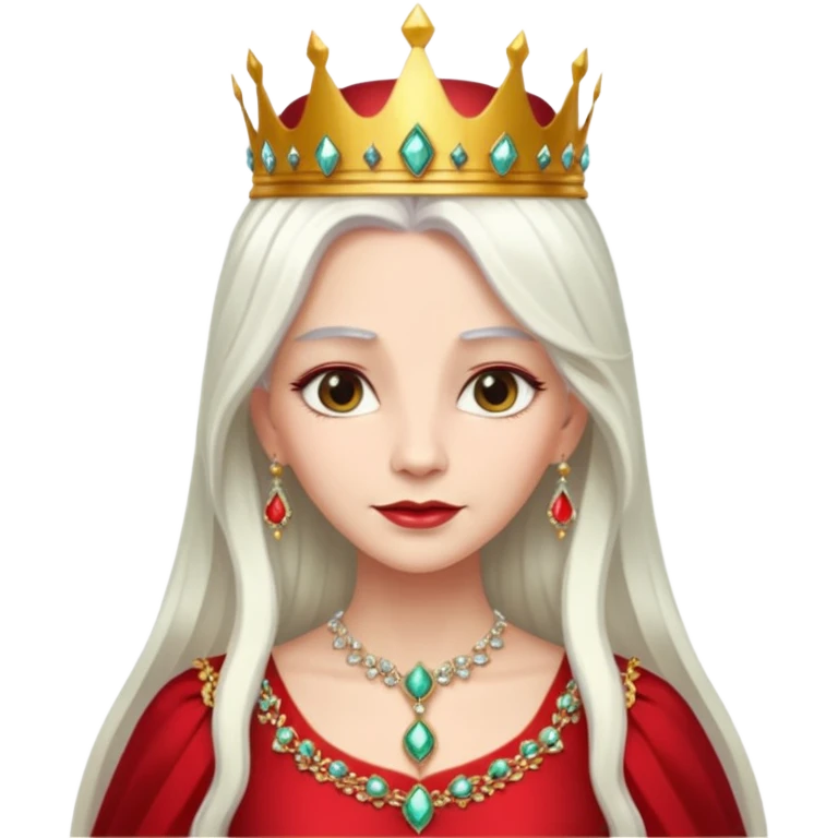 Queen with long white hair – jeweled golden crown, red dress. emoji