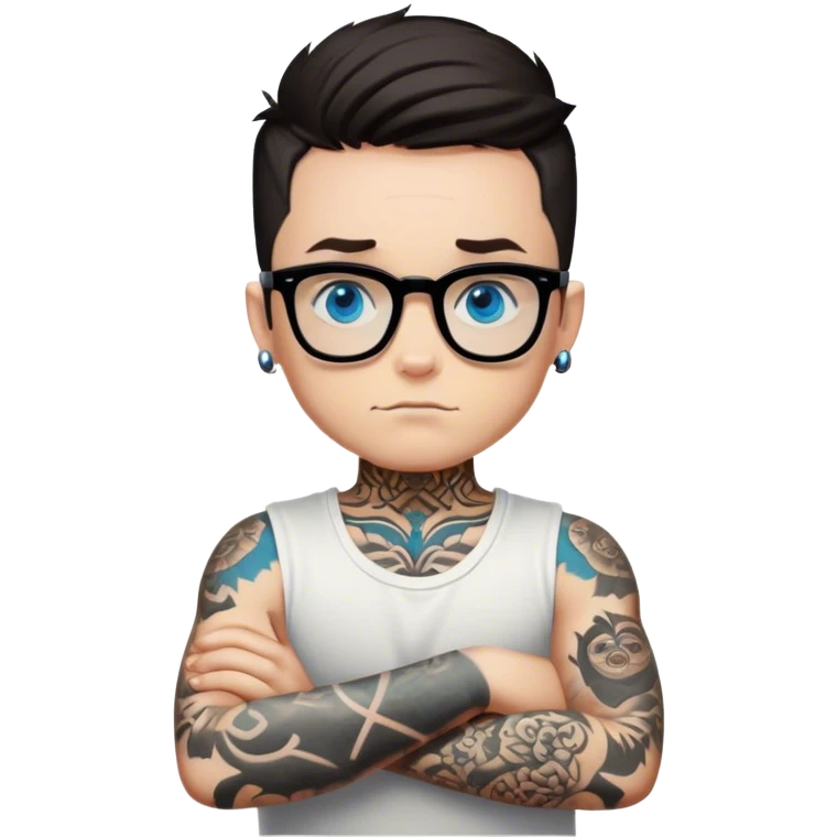 Blue eyed boy with black glasses and tattoos with arms crossed like an x emoji