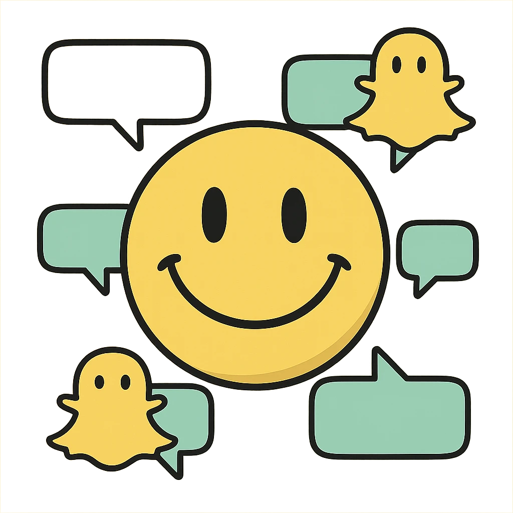 smiley face surrounded by chat bubbles and Snapchat icons emoji