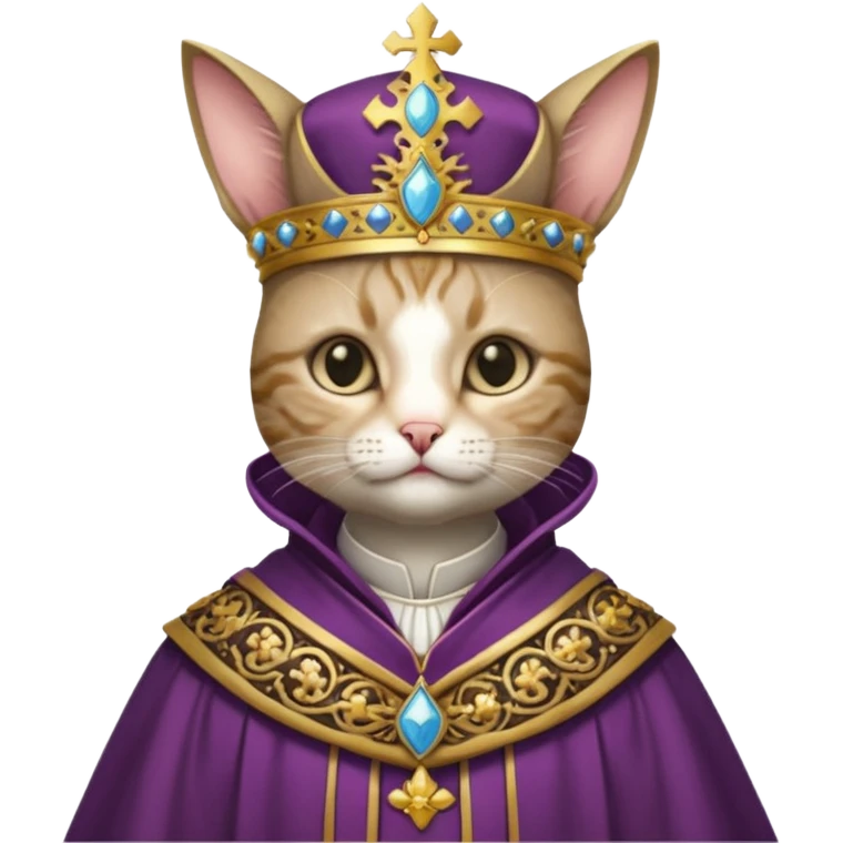 “Half-body humanoid figure with a realistic cat face, wearing ornate bishop robes and a mitre, dark gothic background, dramatic lighting, highly detailed.” emoji