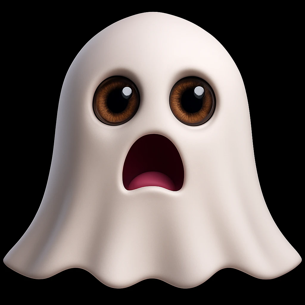 Make the eyes more realistic, with details and shine, keeping the white sheet with holes and the scared expression, in 3D emoji style. emoji