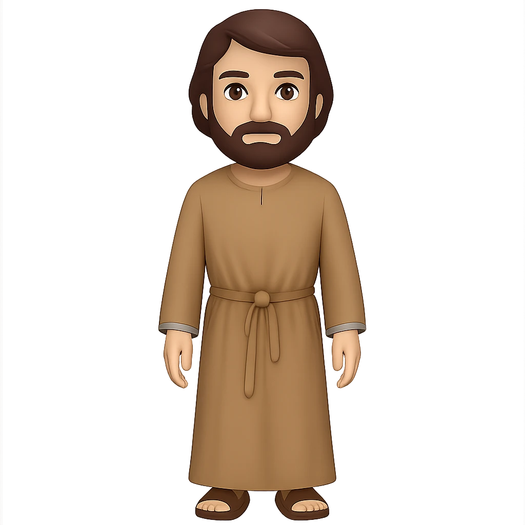 Create a full body, standing front view of Saint Joseph in an emoji style. He should wear a long tan robe similar to the reference image, have dark brown hair and beard. The background should be removed, leaving only the figure. emoji