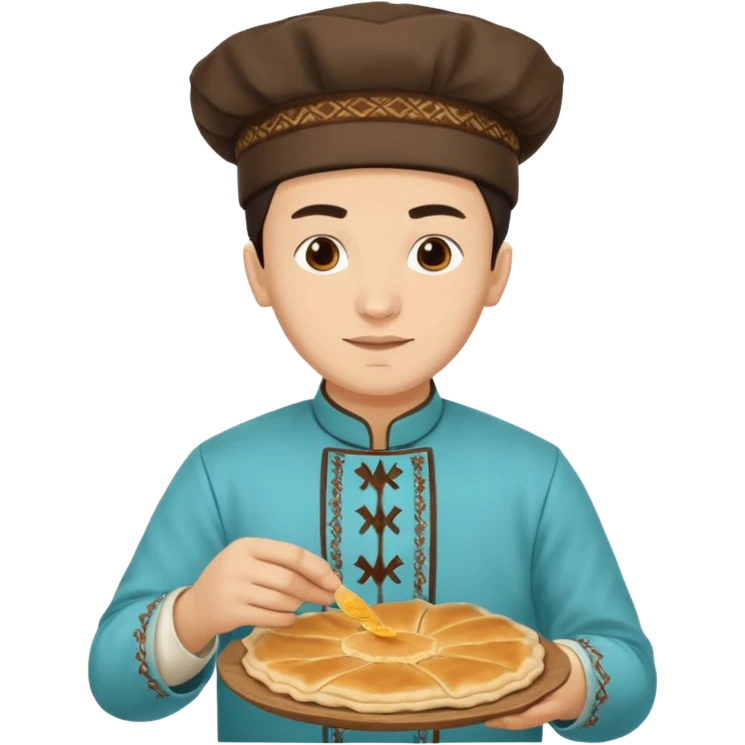 tatar young man with national outfit making cheburek emoji