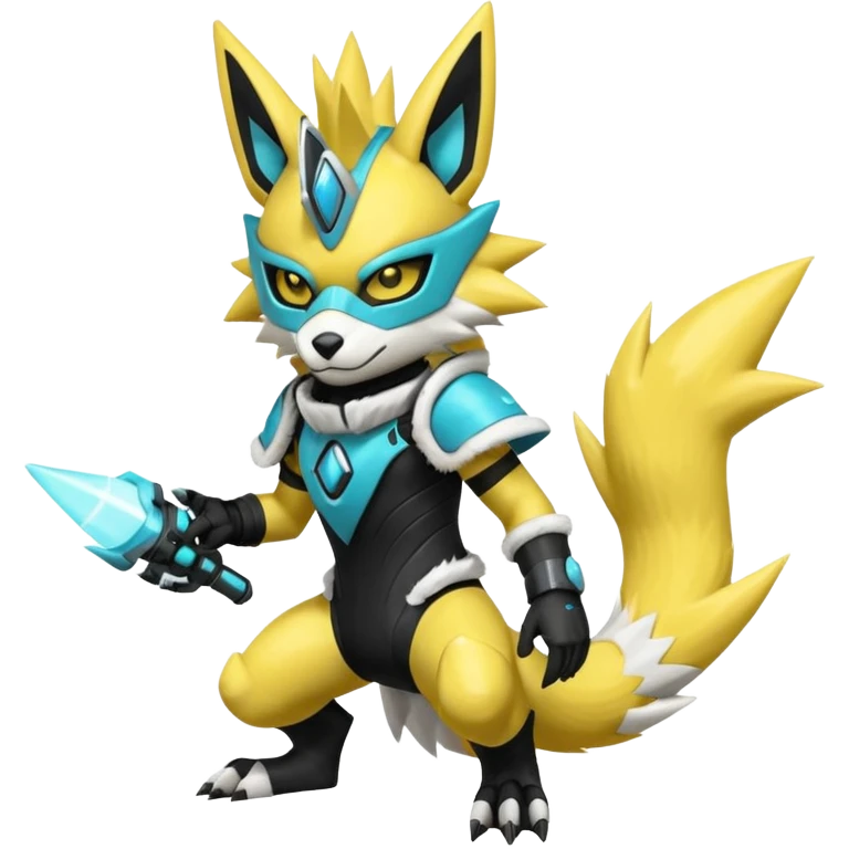 Shiny badass cool edgy spikey fluffy cyan yellow white electric complex futuristic Zeraora-Renamon-Electrike-Umbreon-Lombax-Weregarurumon-fusion-creature (full body) wearing a black cyber--helmet-mask emoji