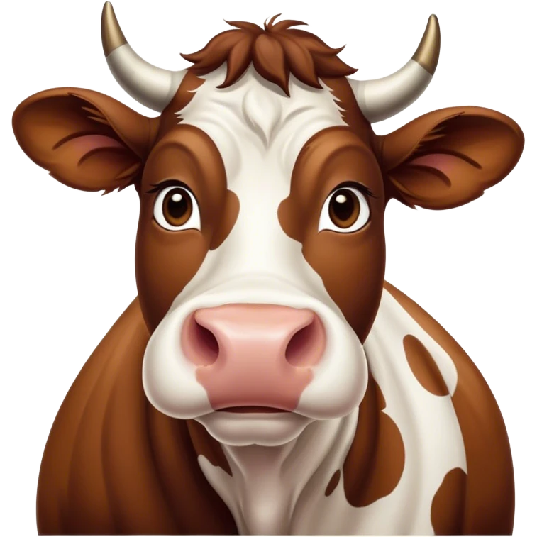 Cinematic Noble Brown and White Cow Portrait Emoji, Poised and regal, with a large, sturdy build and a beautifully patterned hide of rich brown accented by crisp white patches, deep-set soulful brown eyes, Simplified yet sharp and sophisticated features, highly detailed, glowing with a soft, dignified glow, high shine, intelligent and calm, stylized with an air of pastoral majesty, focused and attentive, soft glowing outline, capturing the essence of a watchful and confident bovine guardian, so majestic it feels as though it could amble out of the screen with effortless authority! emoji