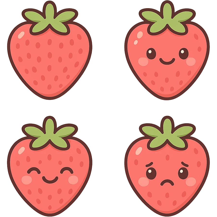 A series of illustrations stawberry in a kawaii emoji style, with detailed shading and highlights, thin clean outlines, soft and rounded features. Pastel color palette using  #FF5B5B, #CE4C4C,#CE4C4CThe style is inspired by modern Japanese pop art and sticker aesthetics. Highly detailed, vector clarity, soft lighting and subtle shadows. Transparent background without background. emoji