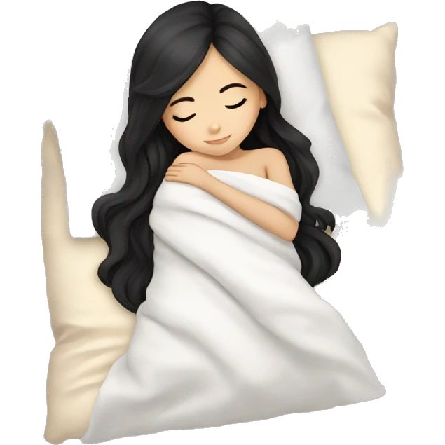asian cute girl with long beauty black hair sleeping with white blanket and pillow emoji