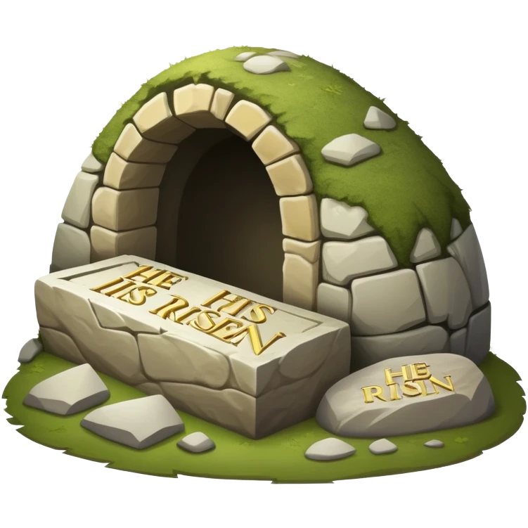 An empty tomb with stone rolled away and "He is risen" text emoji