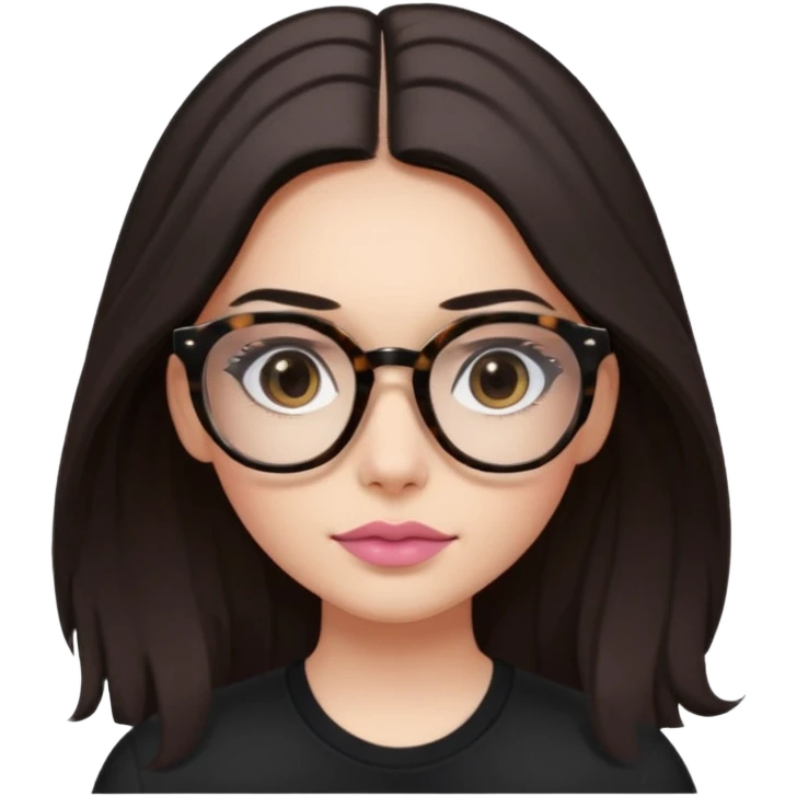 The girl with dark long hair, with divided in the middle hairstyle, white skin, black eyes, wearing black shirt and tortoise framed glasses. The mounth is light old pink, with light smile with no teeth. emoji