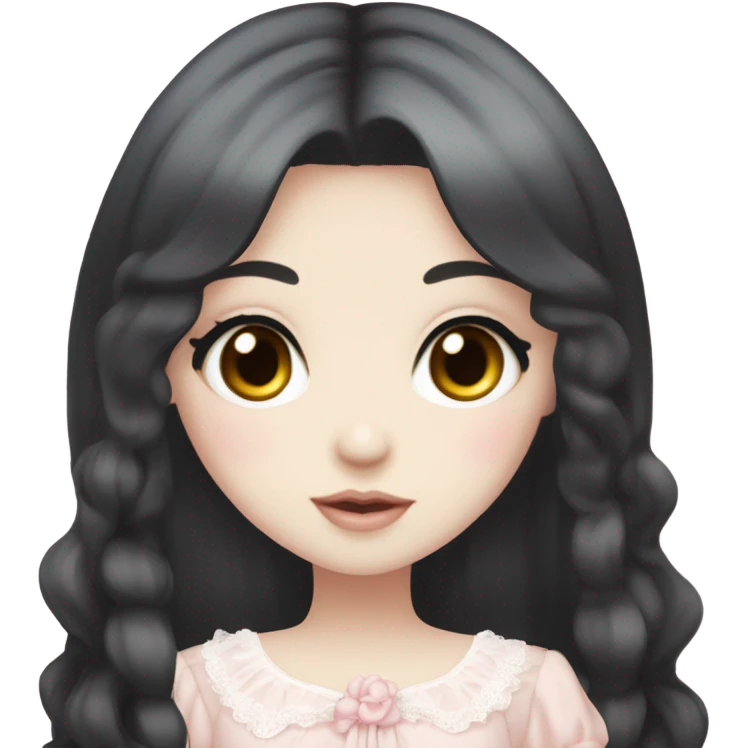 Pale pink eyes, pale skin, long black hair, long eyelashes, slim frame, light pink Lolita gyaru dress emoji