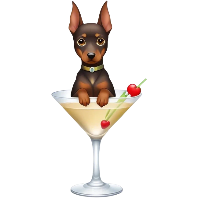 Miniature Doberman with cropped ears, sitting in a martini emoji