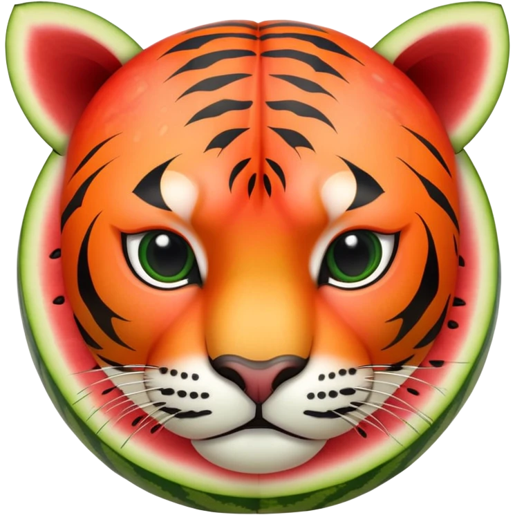 Cartoon watermelon with tiger face where the red flesh is visible, tiger stripes blending with watermelon pattern emoji