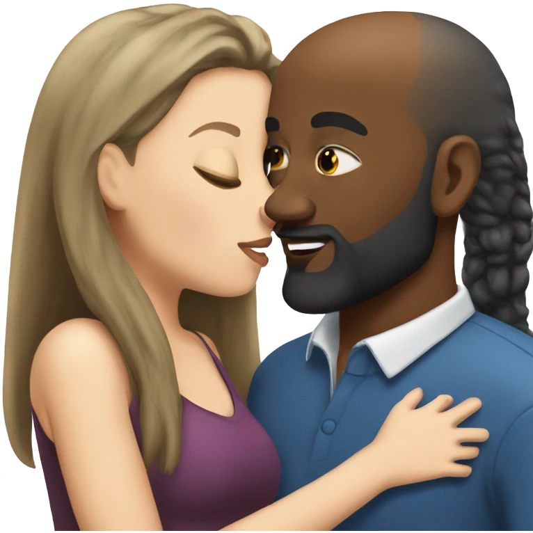 White girl brunette kissing black bald man with beard emoji