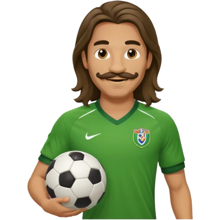 long hair man soccer player green jersey with mustache holding soccer ball emoji