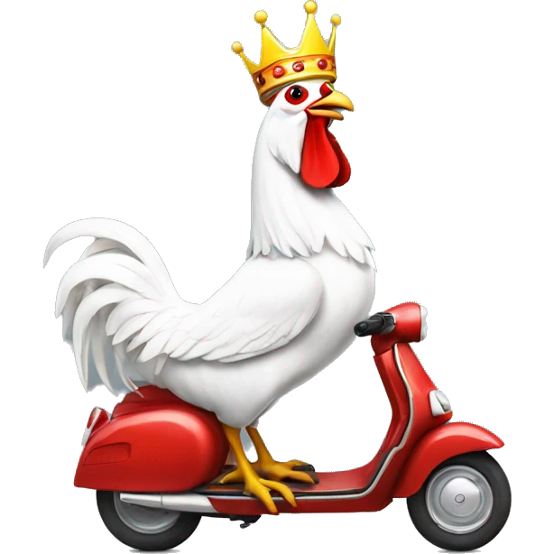 howling a white rooster with a crown on its head driving a scouter Vespa, realistic emoji