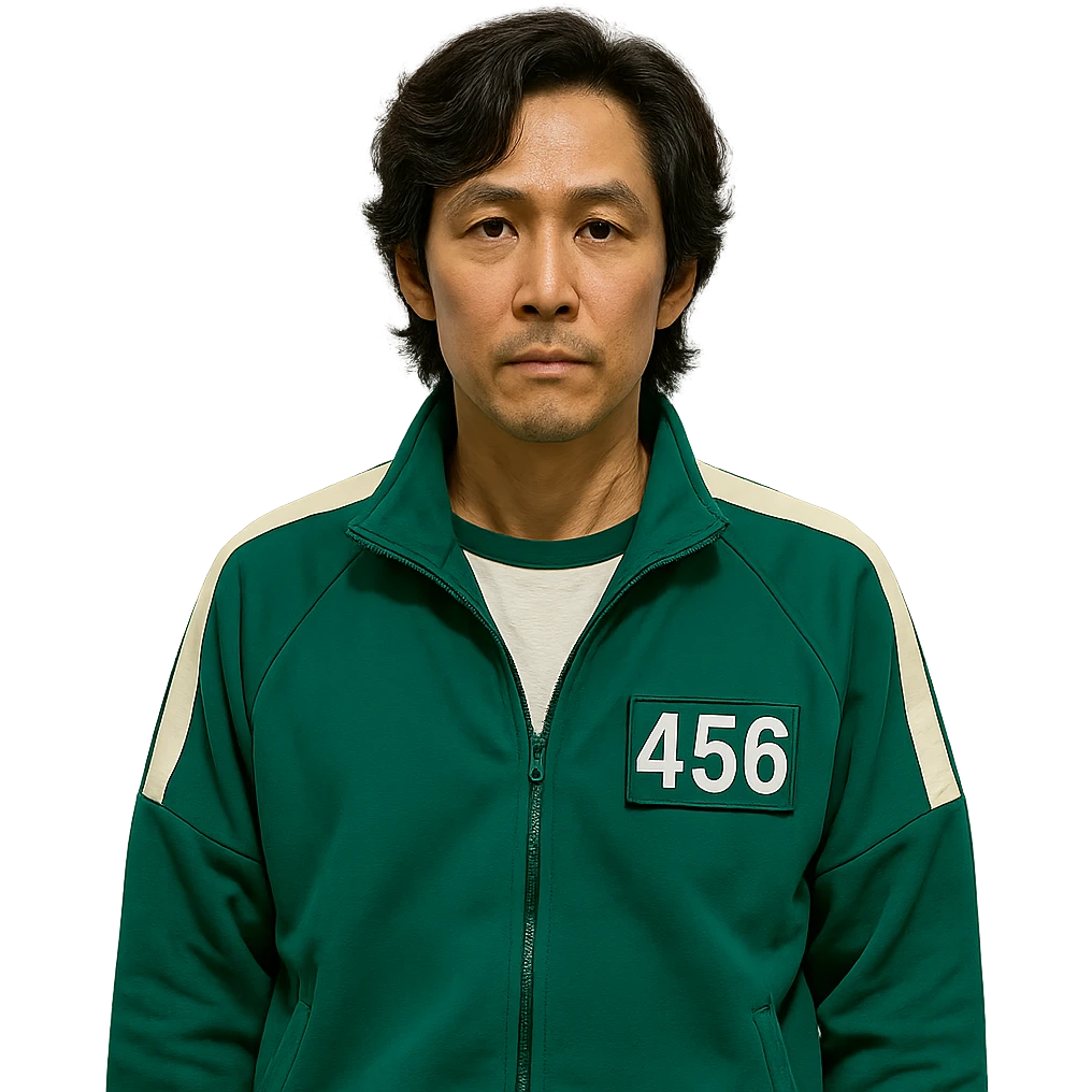 Squid Game series, main character in green tracksuit, number 456, neutral expression emoji
