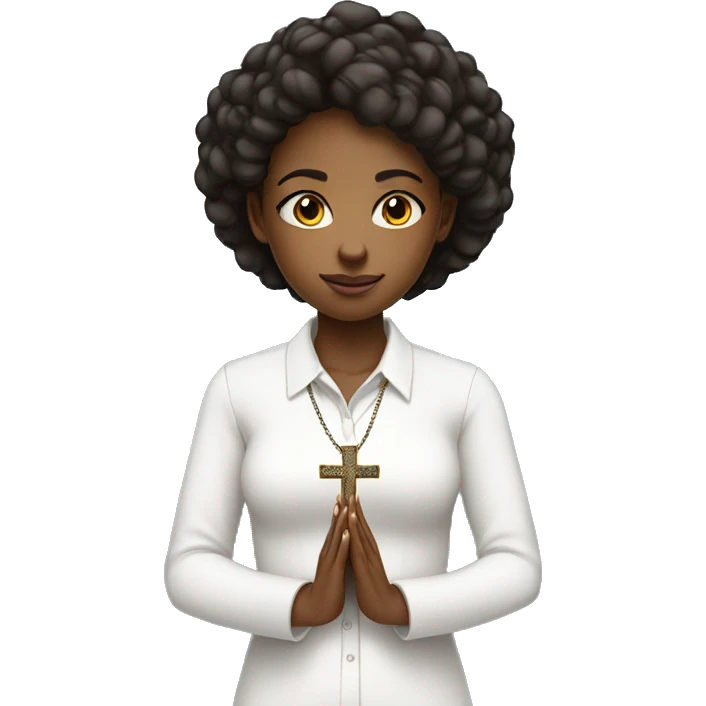 Young Black woman praying with cross necklace in hands white collar shirt emoji
