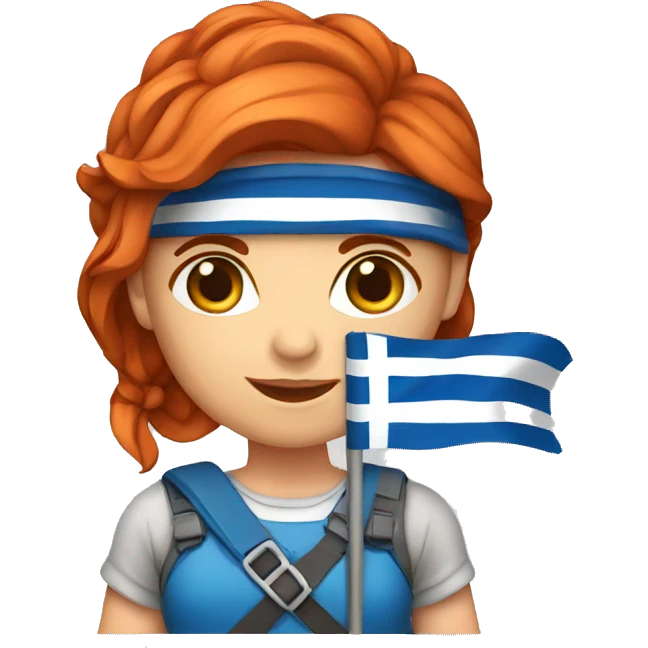 a red hair female mountaineer with greek flag emoji