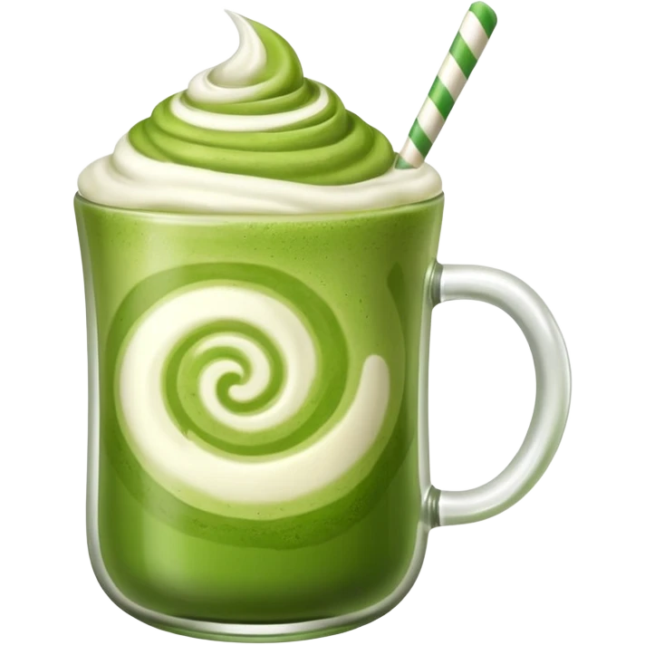 a glass mug of matcha latte with a swirl of foam emoji