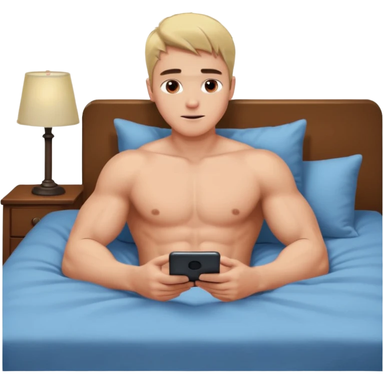 парень накаченный молодой красивый парень со светлыми волосами и черно кориченывыми глазами без футболки лежит на кровати и листает телефон    emoji