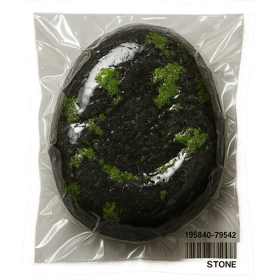 large stone with small patches of green moss, glossy and puffy emoji