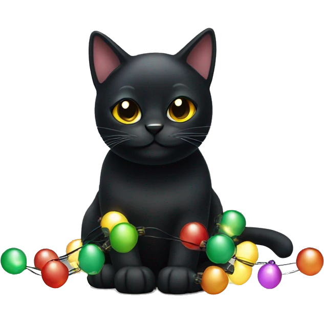Black cat wearing Christmas lights emoji