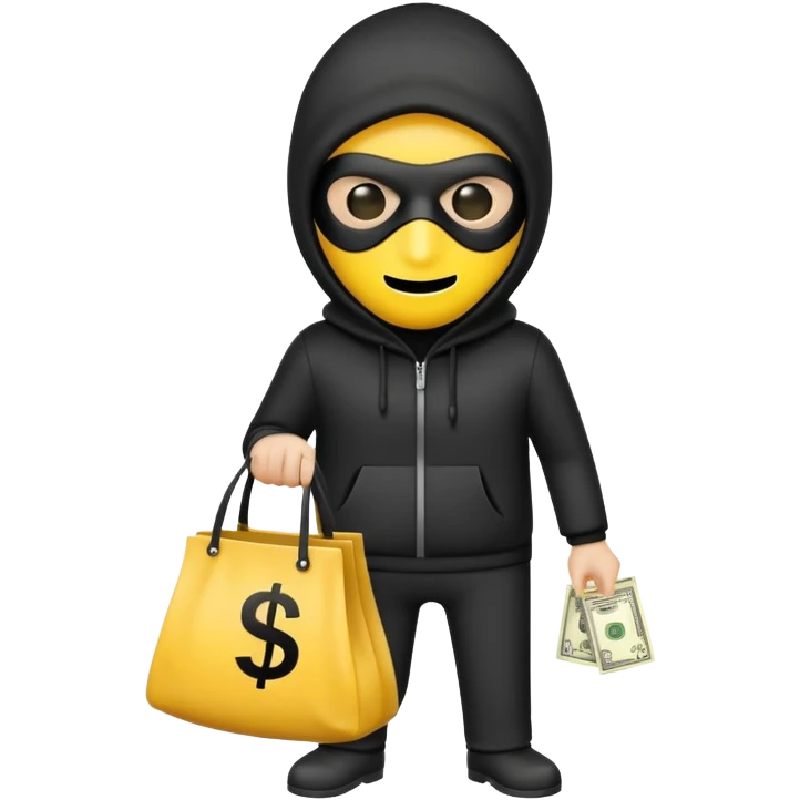 a burglar emoji with a yellow face,black mask, white bag with a dollar sign on it, but with no body, just a head emoji