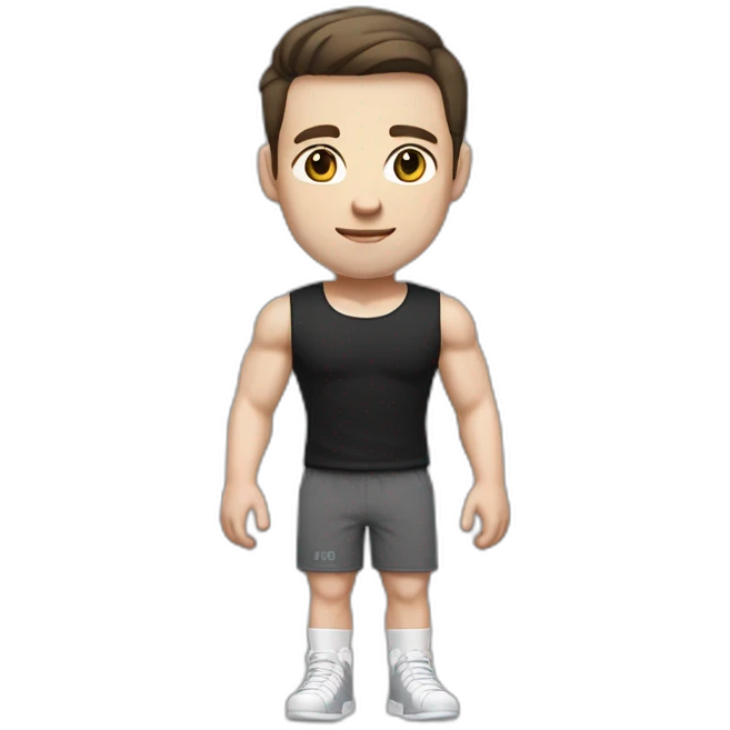 Pale skinned Fit Man With the biceps and dark brown hair in black shirt, gray sports shorts and white Sneakers emoji