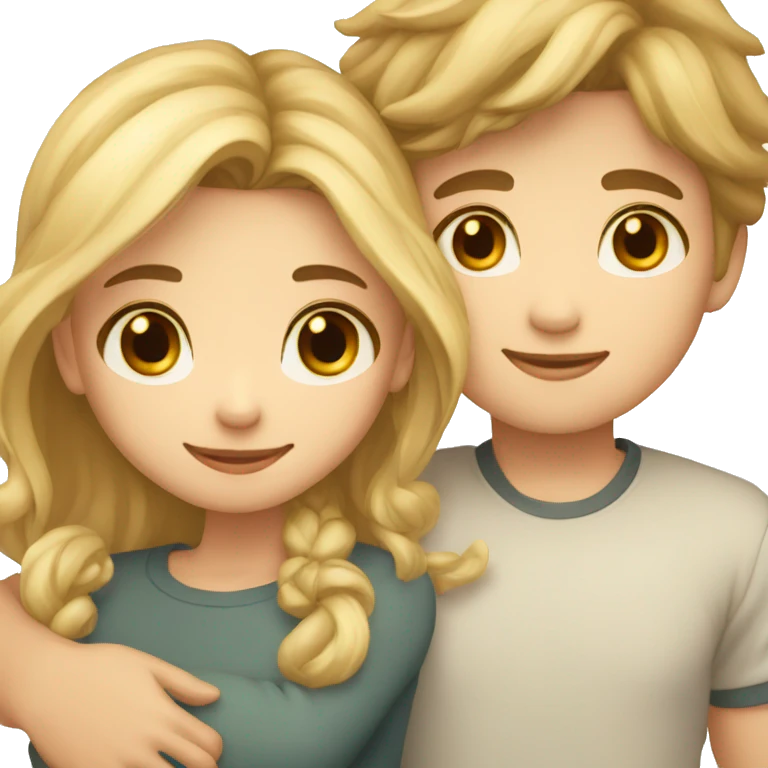 Cute boy with brown hair and cute girl with blonde hair hugging emoji