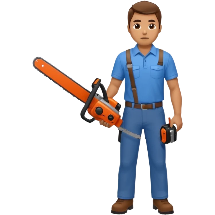 A man with a blue shirt and brown pants holds a chainsaw and a shotgun  emoji