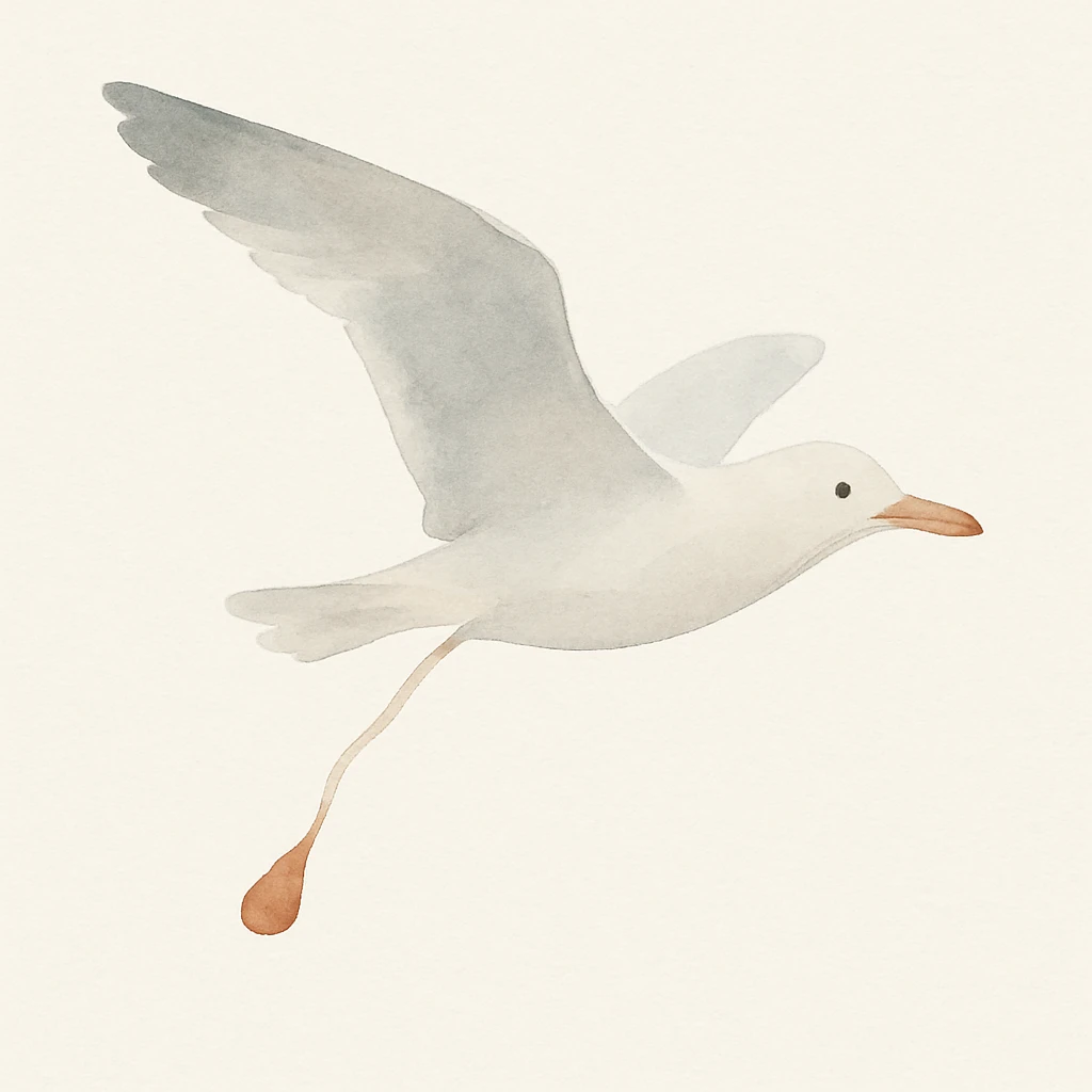 a seagull flying while pooping, watercolor art style, soft and artistic emoji