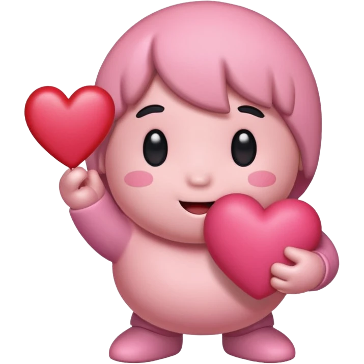 create a chibi sticker of Kirby smiling with a heart in his hands emoji