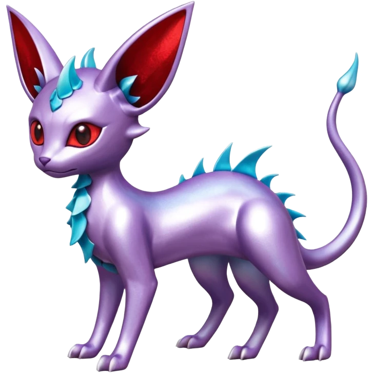 Mechanical Silvery Iridescent Miraidon-Espeon-Mewtwo-Vaporeon-Fakémon-hybrid-creature (full body)  with red eyes and intricate markings emoji